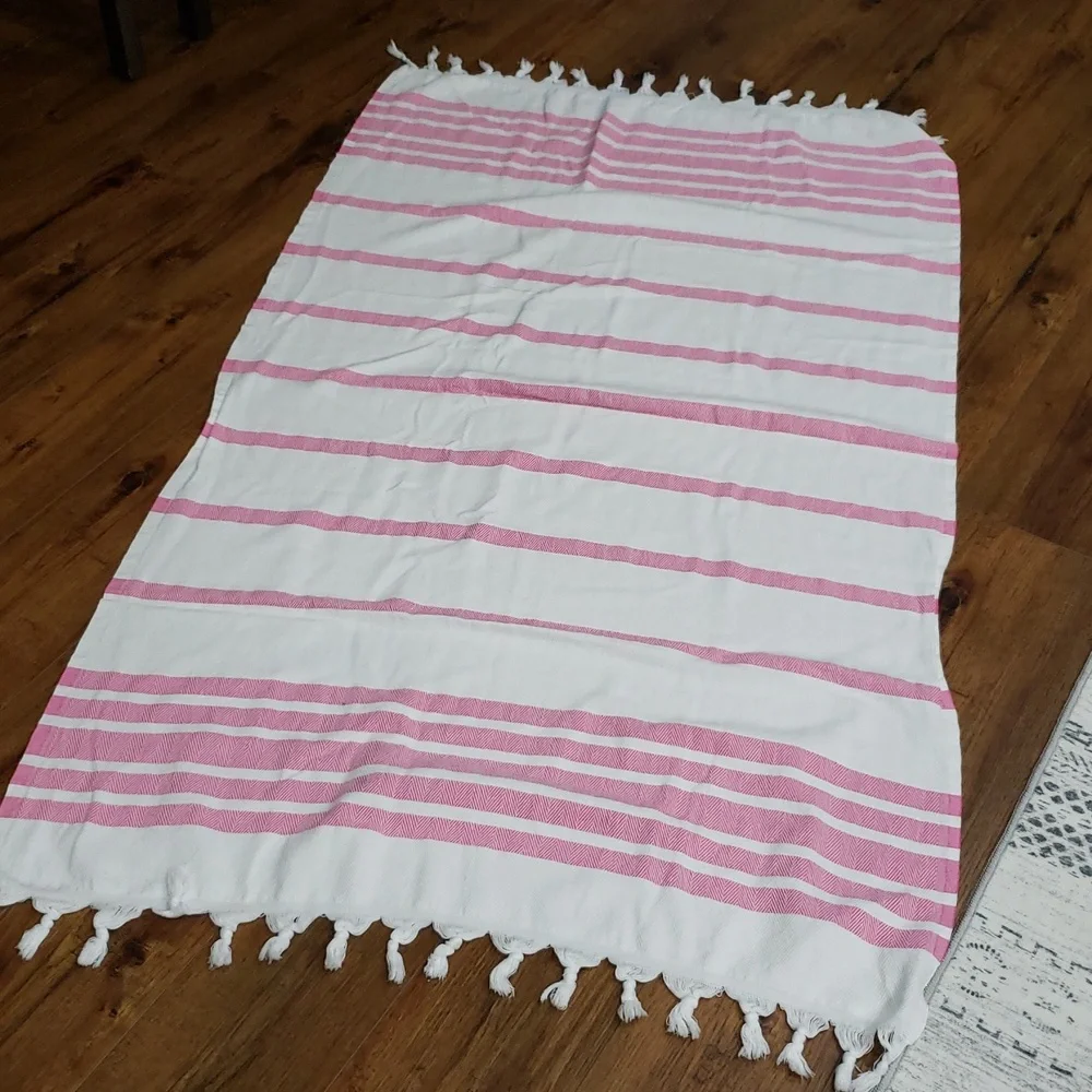 Pink and White Striped Tasseled Towel